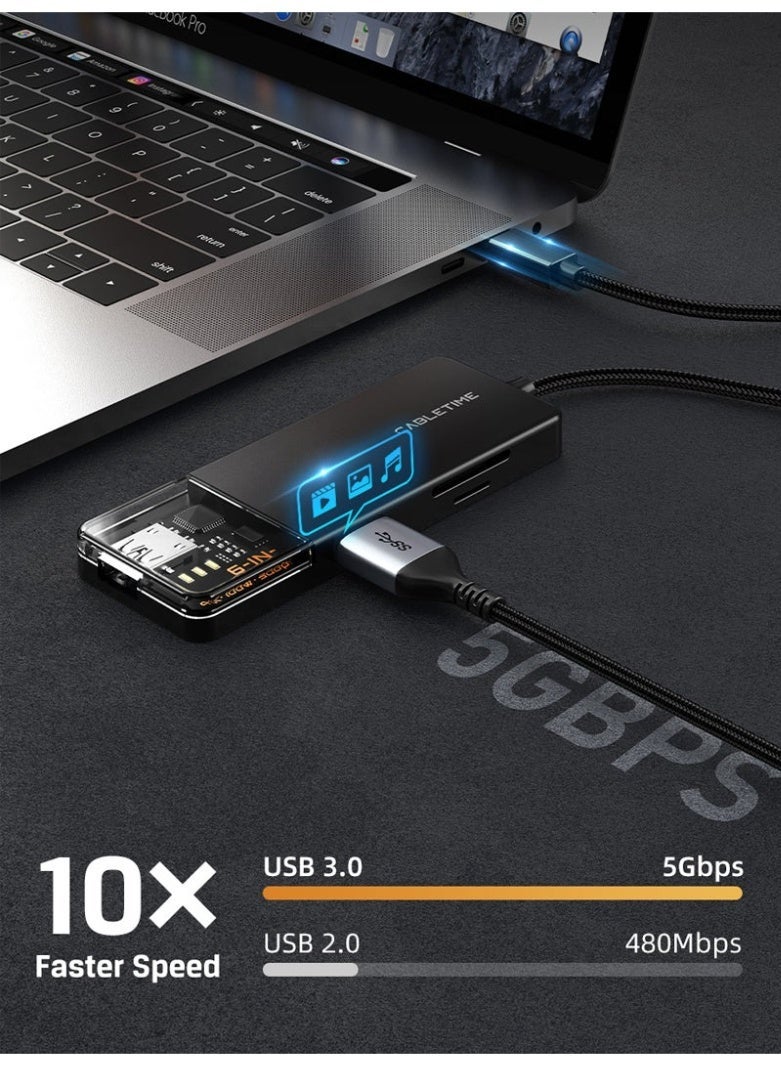 كابل تايم موزع منافذ USB من النوع C متعدد المنافذ 6 في 1 مع منفذ HDMI بدقة 4K وتوصيل طاقة بقدرة 100 واط | 0.2 متر - Image 5